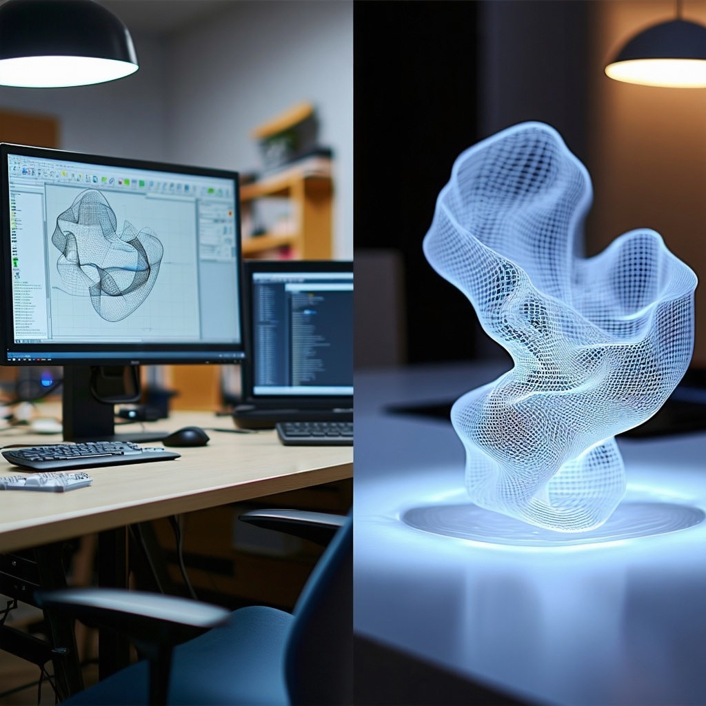 Time-lapse style composite image showing four stages of 3D printing process, from digital wireframe to final artistic piece