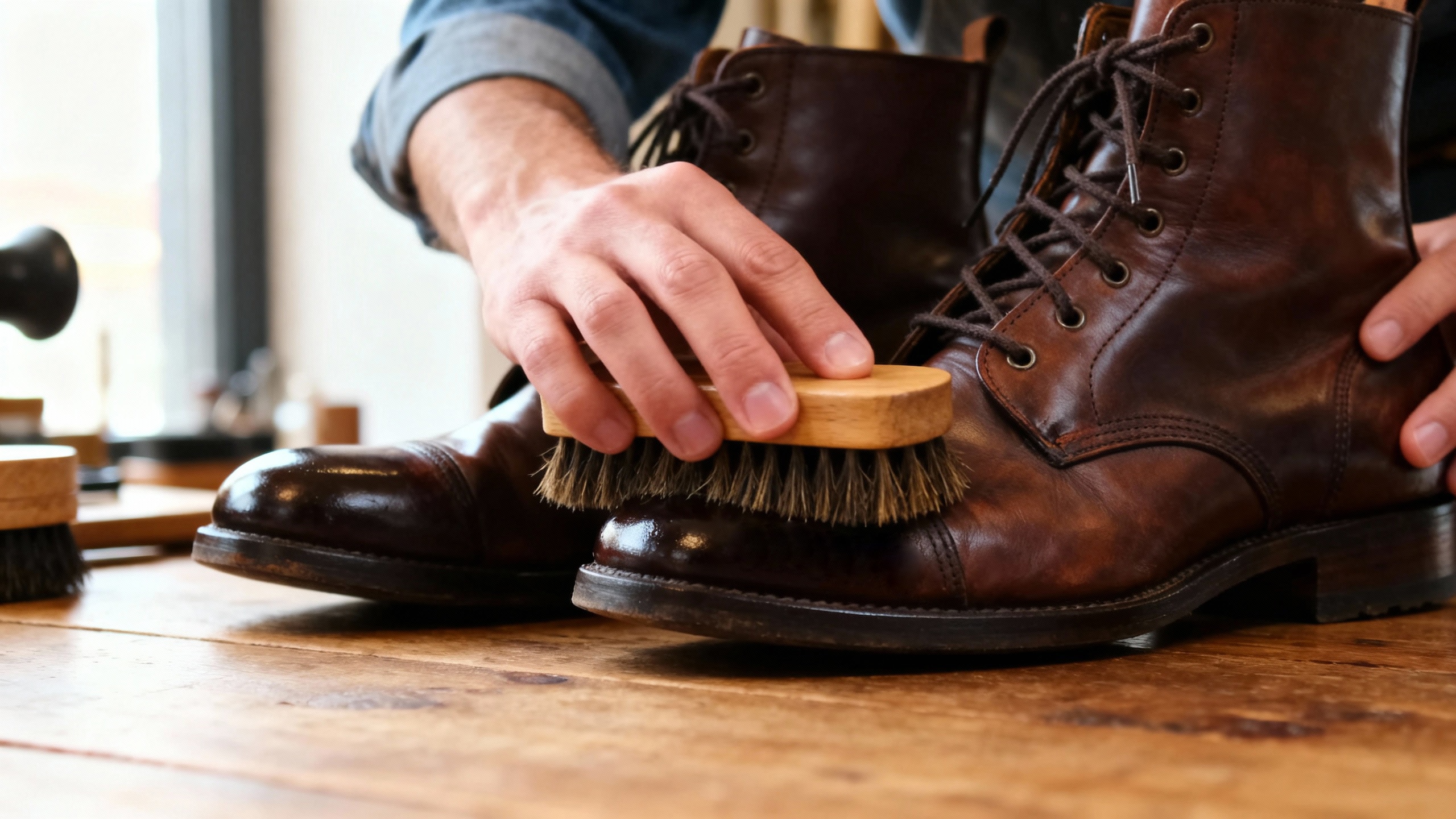 Lädervård - En hand putsar en nysmörjd lädersko för att få upp glansen