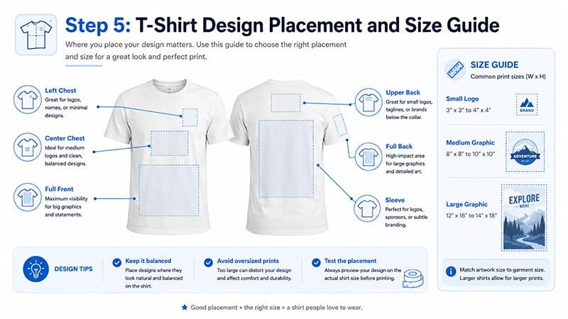 T-shirt print placement and logo size guide for chest, back, and sleeve positions.