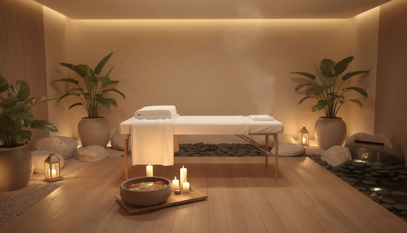 Bildet viser en fredelig spa-atmosfære med naturlige elementer og myk, avslappende belysning. Det gir en følelse av dyp avslapning, perfekt for en ansiktsmassasje i Moss, hvor du kan oppleve velvære og ny glød i huden.