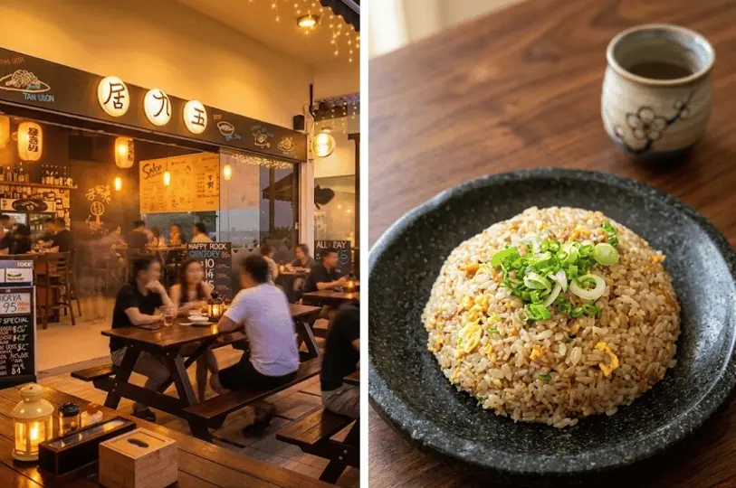 A split image showing the lively outdoor patio of Izakaya 95 at night with diners enjoying drinks under string lights on the left, and a close-up of a dome of Japanese garlic fried rice garnished with scallions next to a teacup on the right.