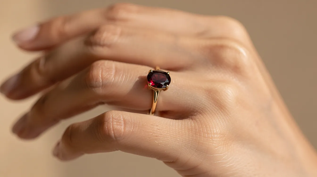 An elegant garnet ring featuring a gold setting is displayed on a hand, showcasing the deep reddish-orange hue of the garnet, which is known as January's birthstone. This beautiful piece of garnet jewellery symbolizes courage and emotional clarity, making it a meaningful accessory for those born in January.