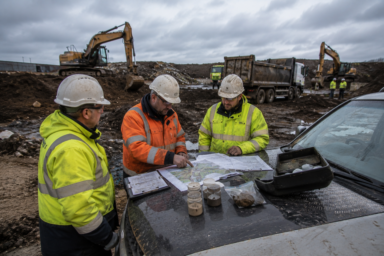 Site managers discussing the best soil remediation method for contaminated land.