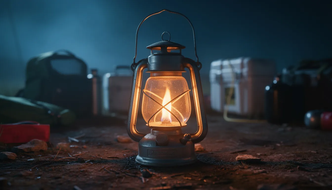 A small propane lantern emits a soft, glowing flame, providing bright light in an outdoor emergency setting. Its compact design makes it an excellent option for illuminating dark areas during camping or natural disasters.