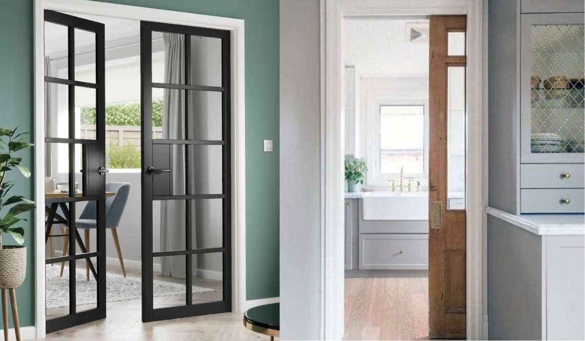 Traditional internal doors - 10-panel glazed double doors - and oak pocket kitchen door