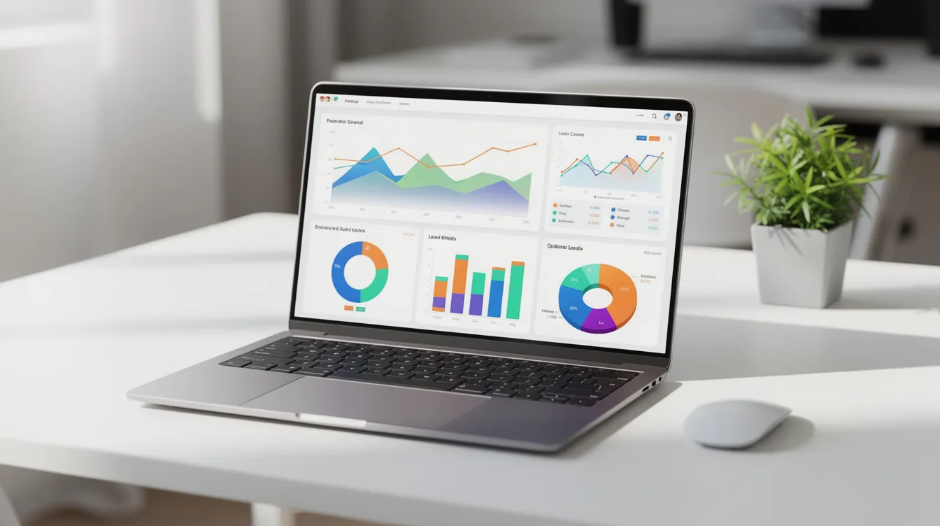 A modern laptop sits on a clean desk, showcasing colorful analytics charts and graphs that represent various marketing funnel metrics. The vibrant visuals suggest insights into lead generation and audience engagement, emphasizing the importance of top of funnel marketing strategies for building brand awareness.