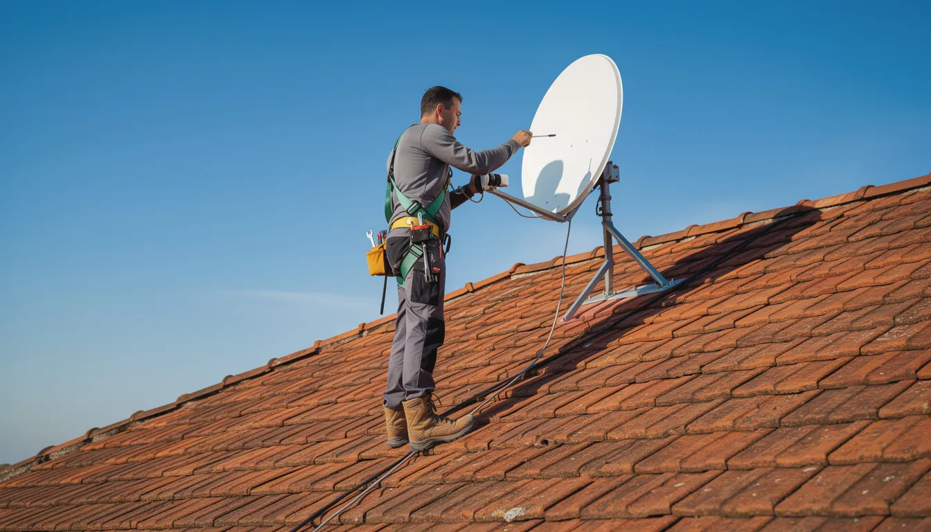 A skilled technician in work clothes stands on a tiled roof, adjusting a satellite dish against a bright blue sky, showcasing the professional services of accredited DSTV installers in Great Brak River. This image highlights the importance of proper DSTV installation for clear viewing and efficient service.