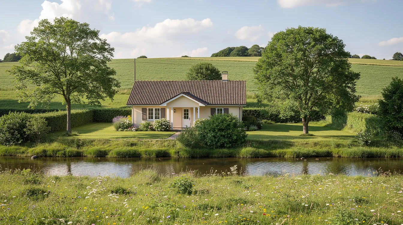 Un paysage rural dépeint une maison individuelle entourée de verdure luxuriante, avec un petit cours d'eau serpentant en arrière-plan. Ce cadre idyllique évoque l'importance de solutions d'assainissement non collectif, telles que l'installation d'une micro station d'épuration, pour préserver la beauté du milieu naturel.