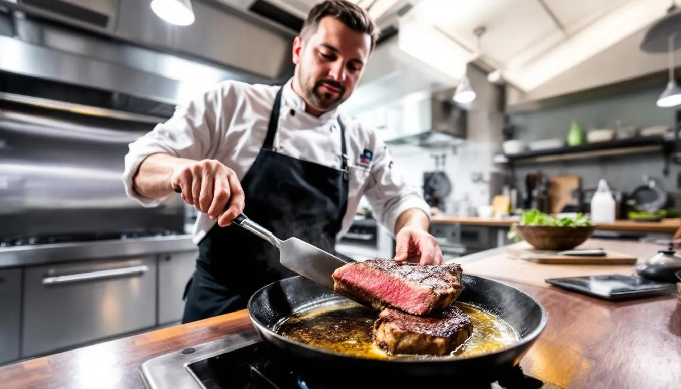 A professional chef is searing a steak in a cast iron pan over high heat, showcasing the capabilities of avocado oil, known for its high smoke point and suitability for high heat cooking methods. The scene emphasizes the healthy fats in avocado oil, making it a great choice for achieving deliciously cooked dishes.