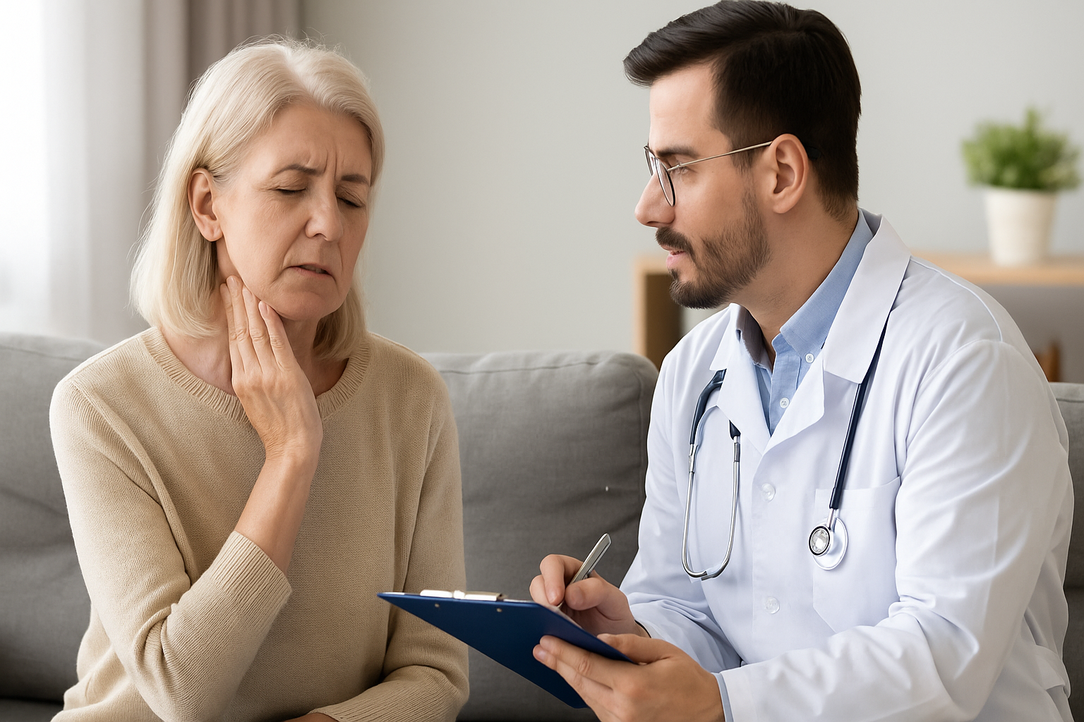 Eldre kvinne med smerter i halsen snakker med lege som tar notater under konsultasjon i rolig og lys stue. mandler hals øre nese hals forstørrede mandler fjerne mandlene andre steder dårlig ånde blant annet mandlene mandler operasjonen fjerning halsen barn dersom får smerter fjerne hals hos tonsillektomi blødning under operasjon svelget ofte første risiko voksne andre derfor drikke vev munn medisiner store dager unngå svelg bør kroppen gir viktig komplikasjoner infeksjoner finnes smertestillende munnen mer sykemelding pasienter dag lege hevelse funksjon steder rundt redusere gjennom side feber del skyldes sår flere varer infeksjon bruker fjernes bakterier kalles fleste blant befinner tillegg øker går brukes bak utføres mindre