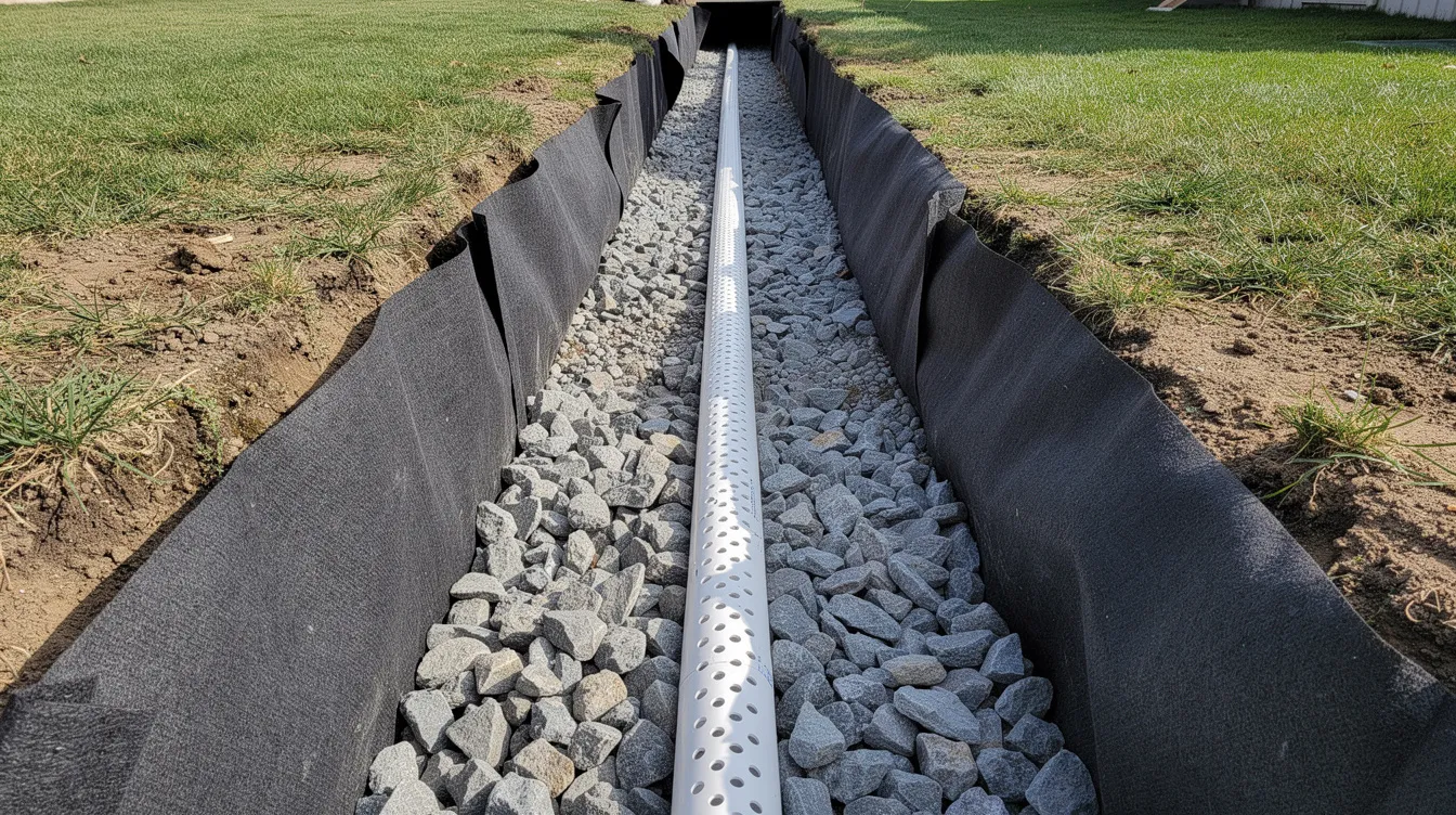 The image shows a trench in a yard lined with a perforated pipe, surrounded by clean angular gravel that provides excellent drainage. Landscape fabric is visible along the sides, contributing to a stable surface ideal for a landscaping project.