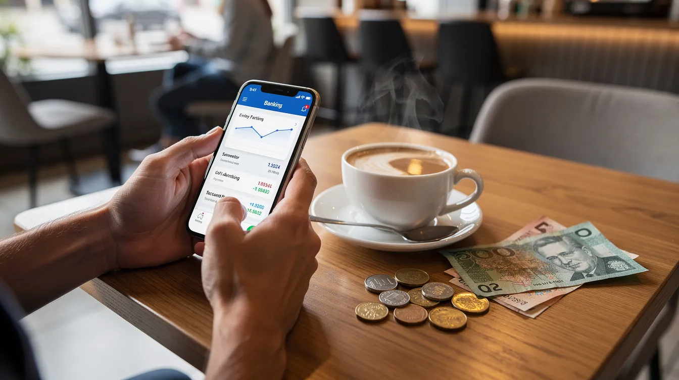 A person sits at a cafe, using a smartphone to access a banking app while enjoying a cup of coffee. On the table, there are Australian coins, suggesting they might be managing their finances or planning to open a bank account in Australia.