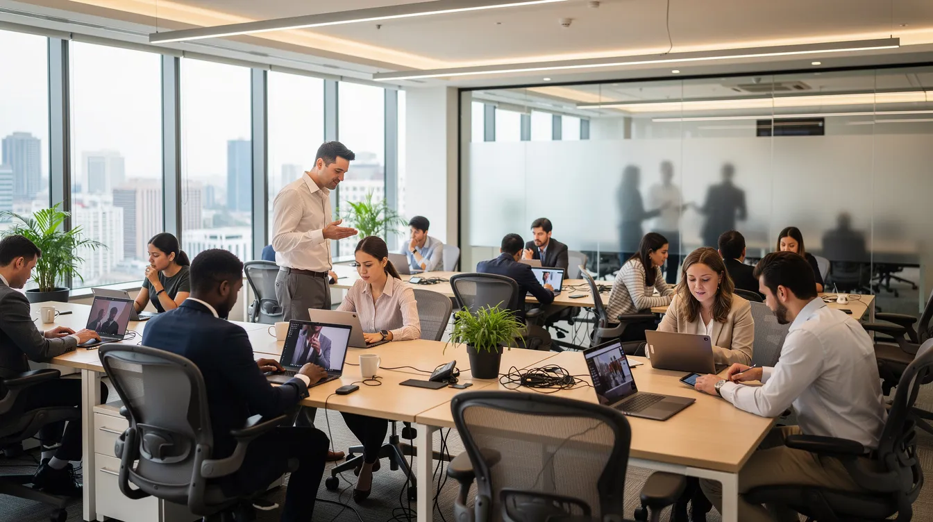 The image depicts a bustling open-plan office filled with individuals engaged in various tasks at their desks, utilizing laptops, phones, and tablets. This scene highlights the importance of a reliable internet connection for business, as employees navigate potential issues like slow internet speeds and network congestion while managing multiple connected devices.