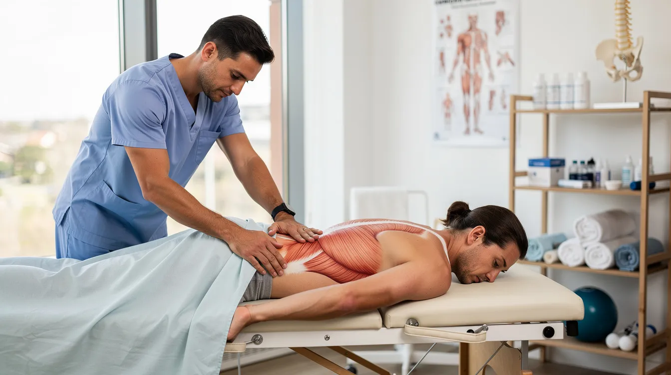 A person is receiving physical therapy treatment for a back injury in a medical clinic, focusing on recovery after a car accident. The therapy session highlights the importance of medical care for hit and run victims, as they often face significant medical expenses and emotional tolls during their recovery process.