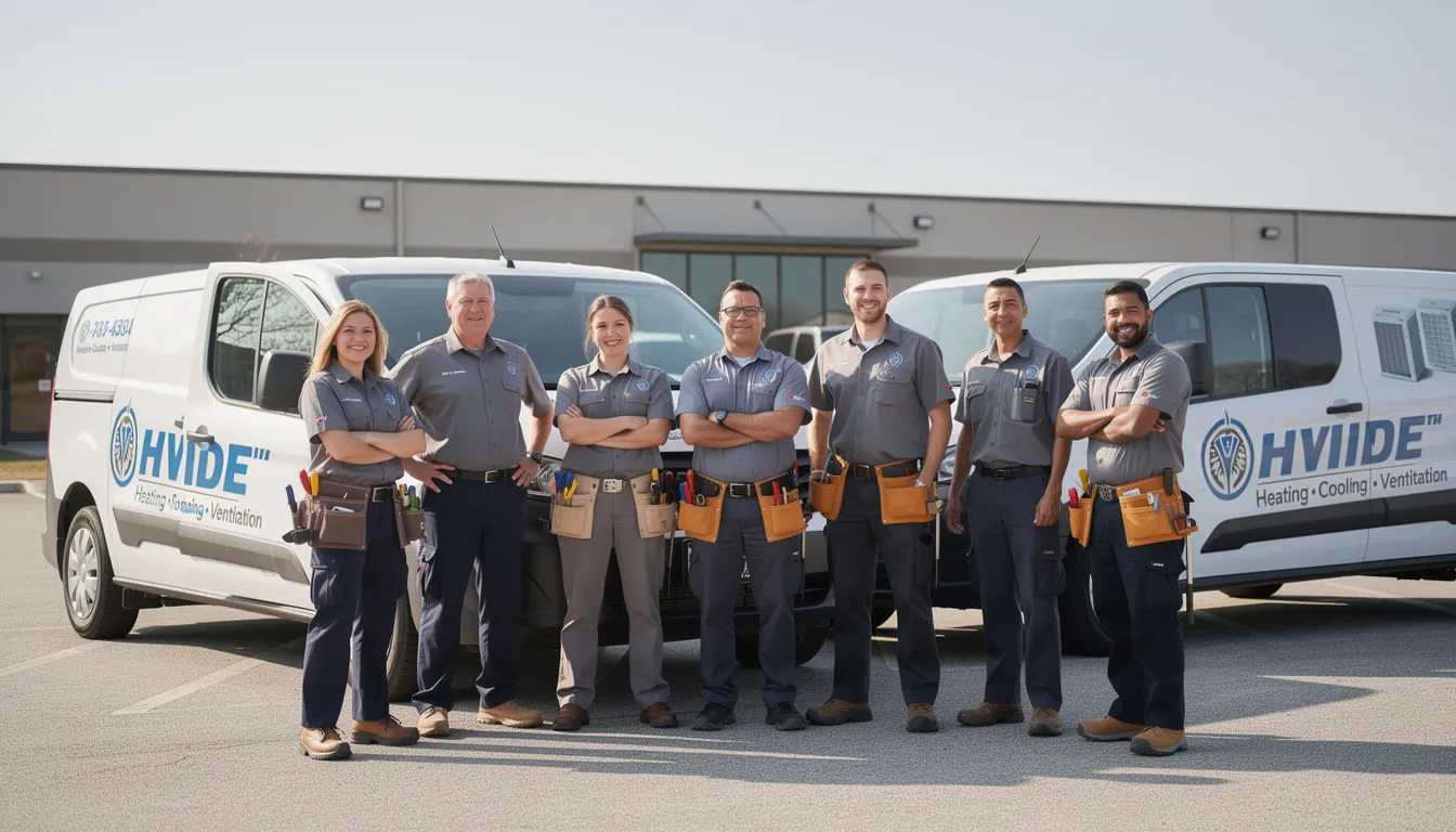 Hvac Social Media Posts: Ideas, Strategy &Amp; Examples That Actually Win Local Jobs | Rsm Marketing A group of hvac technicians in matching company uniforms stands proudly next to their service vehicles, showcasing their teamwork and company culture. This image reflects the professionalism of hvac companies and serves as an engaging social media post idea to attract potential customers and build brand awareness.