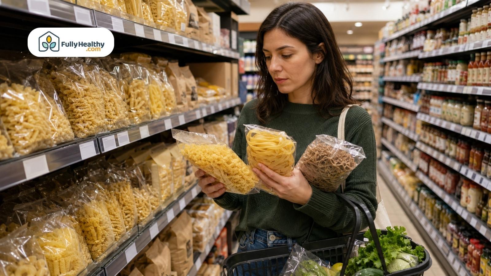 Shopper comparing dried pasta packages in grocery aisle for vegan-friendly ingredients