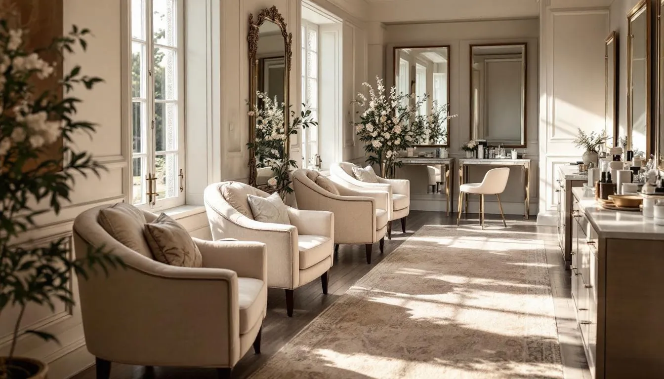 The image depicts a stunning bridal suite, elegantly arranged with comfortable seating and beautifully organized preparation stations, all bathed in natural light. This romantic setup creates a warm atmosphere, perfect for the bride and her party to prepare for their special day.