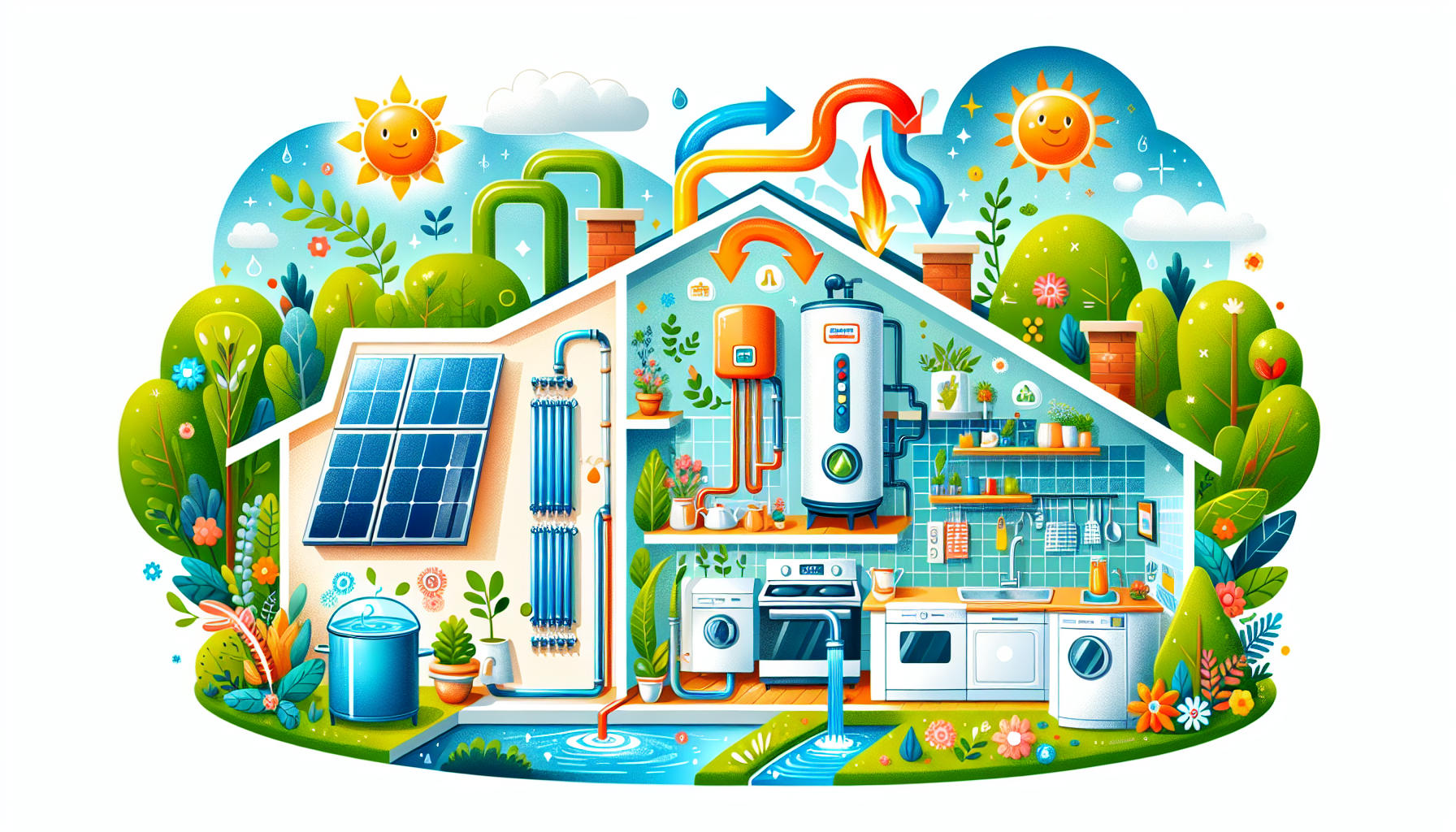 An illustration showcasing various hot water systems including solar and electric options.