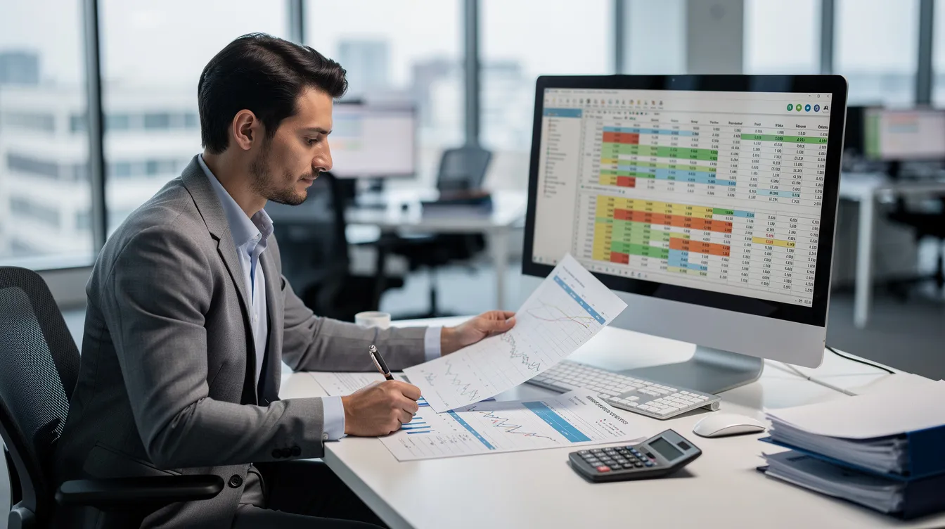 c1e675fa 91f3 468d 9de3 21e9f4254844 The image shows a professional seated at a desk, meticulously reviewing financial documents and spreadsheets in a modern office environment. The focus on the desk highlights the importance of accurate financial analysis for businesses like automatic atta chakki plants, which rely on consistent flour quality and production capacity.