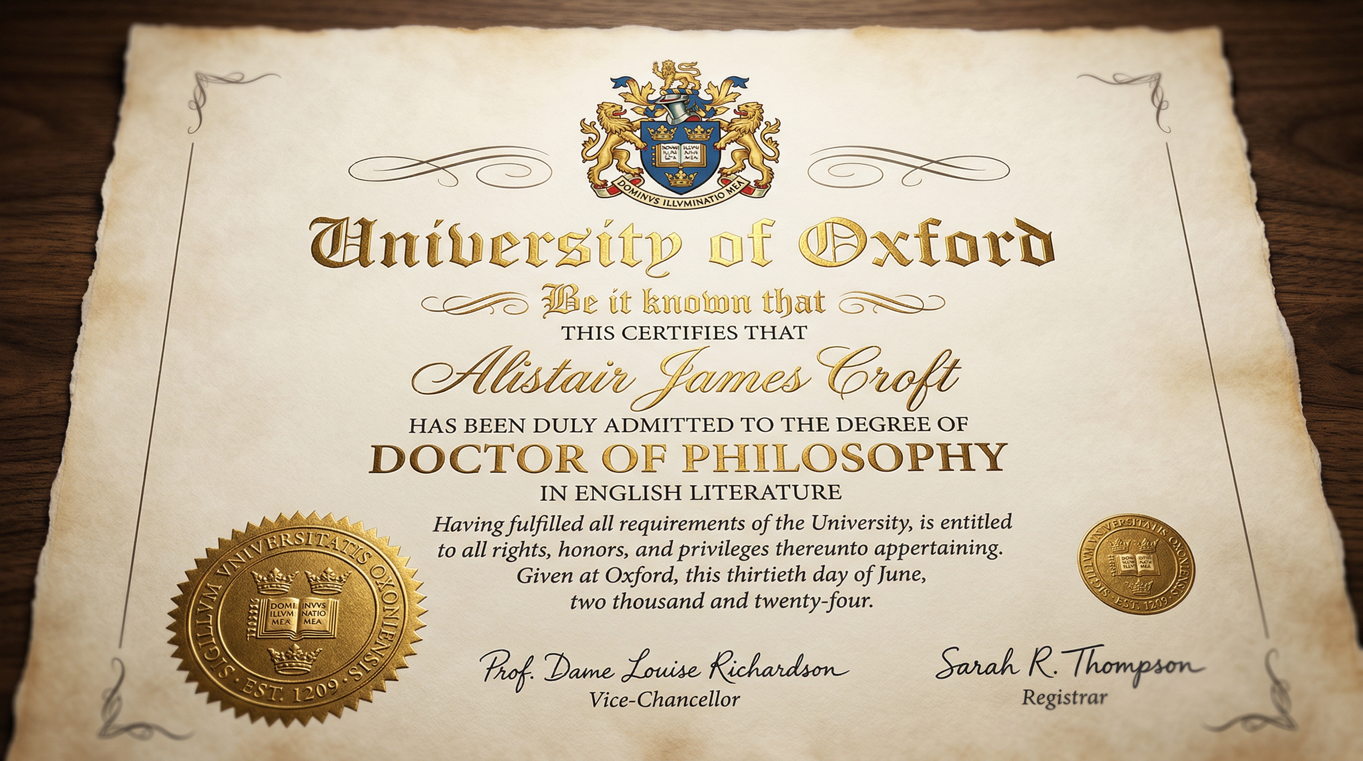 Sample replica diploma from Same Day Diplomas showing realistic design and quality craftsmanship