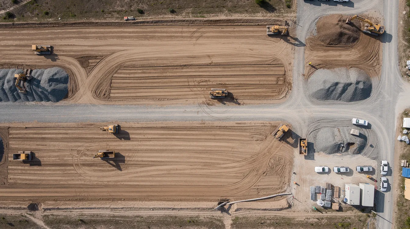An aerial overhead view showcases a large flat construction site, featuring earth-moving equipment and graded soil, highlighting the extensive area involved in construction projects. This perspective emphasizes the importance of site monitoring and safety inspections, crucial for the construction industry to enhance efficiency and ensure compliance with safety regulations.