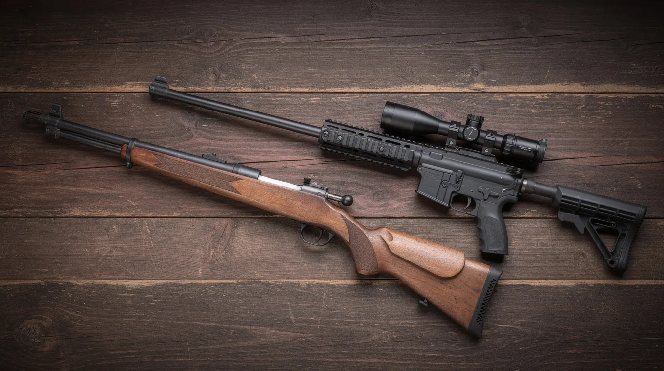 The image features a vintage bolt-action rifle alongside a modern tactical sniper rifle, both resting on a wooden surface, showcasing the contrast between historical and contemporary firearms. The bolt-action rifle, emblematic of World War II, highlights traditional craftsmanship, while the modern sniper rifle, equipped with advanced optics, emphasizes long-range accuracy and tactical performance.