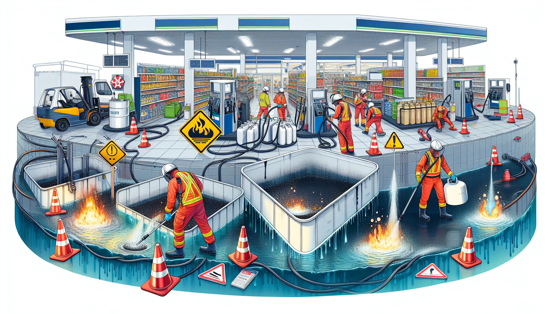 An illustration of emergency response and spill prevention strategies for fuel tanks, including containment sumps.