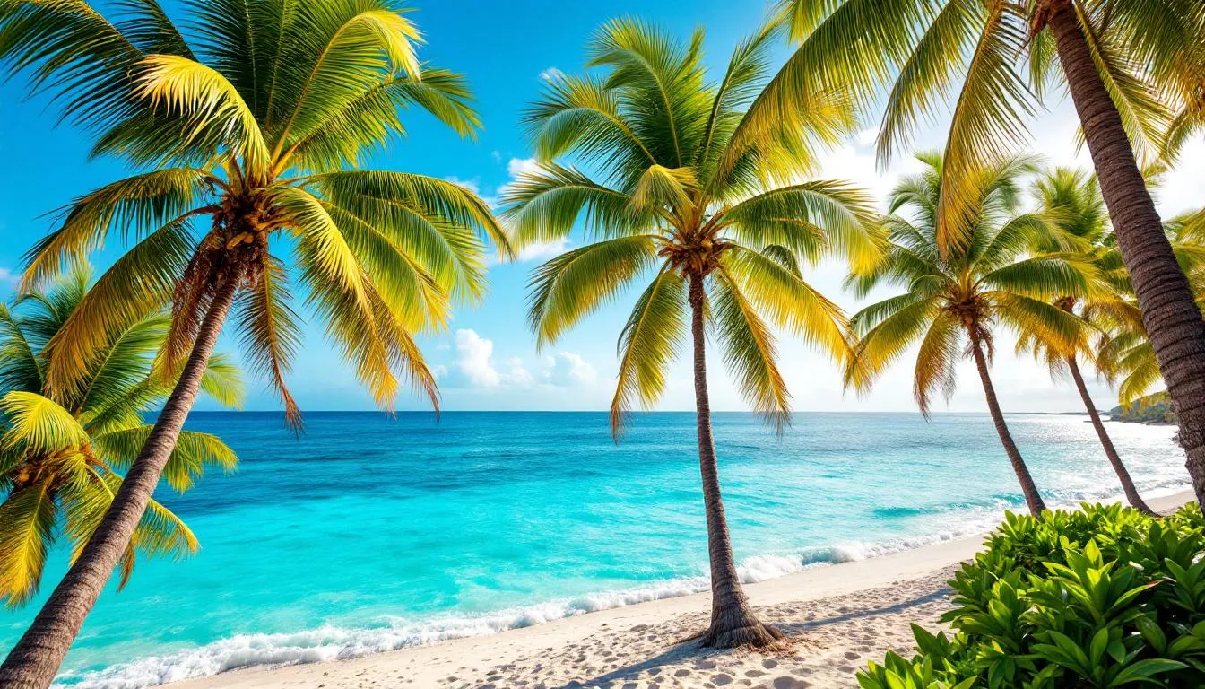 A picturesque beach scene in Playa del Carmen features swaying palm trees against a backdrop of vibrant turquoise water, embodying the tropical and hot weather that attracts many American expats and tourists to Mexico. The serene atmosphere and rich cultural heritage make it an ideal destination for those considering moving to Mexico.