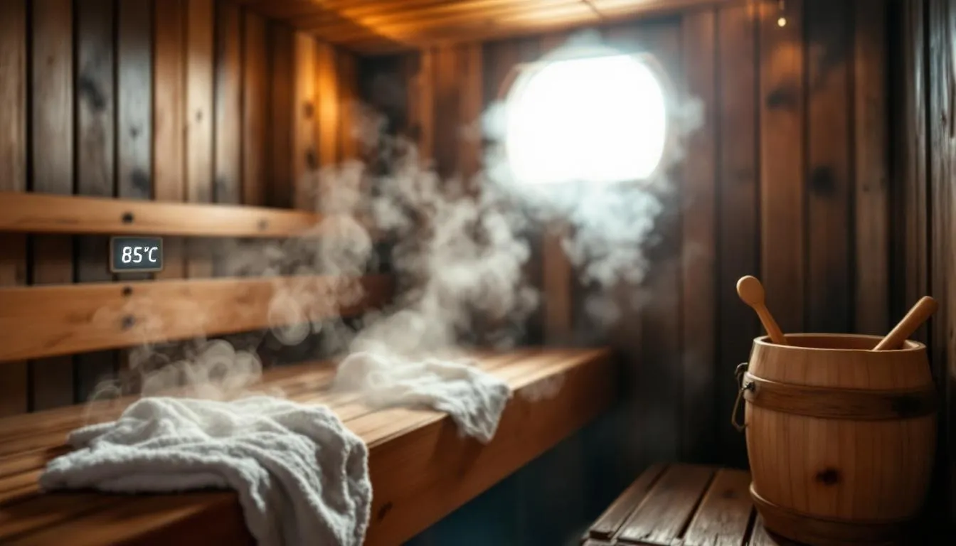 The image depicts a serene sauna environment, emphasizing the ideal sauna temperature for relaxation and health benefits. It highlights the connection between heat exposure and improved blood circulation, drawing on ancient wisdom from traditional Chinese medicine to promote well-being and balance in the body.
