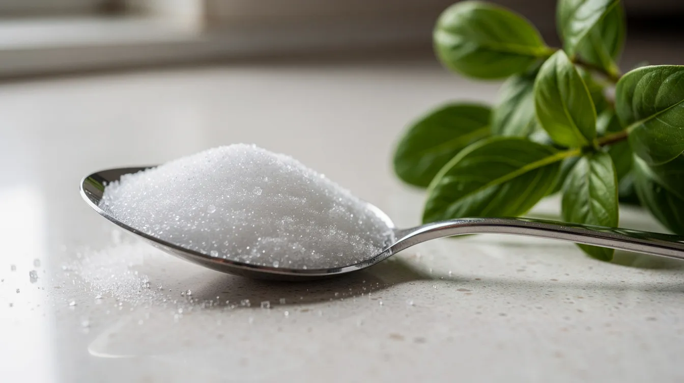 The image shows a spoon filled with white sugar placed next to vibrant green plant leaves on a kitchen counter, highlighting the contrast between regular sugar and natural sweeteners like stevia. This visual emphasizes the choice between traditional sugar and healthier alternatives, which can be beneficial for managing blood sugar levels.
