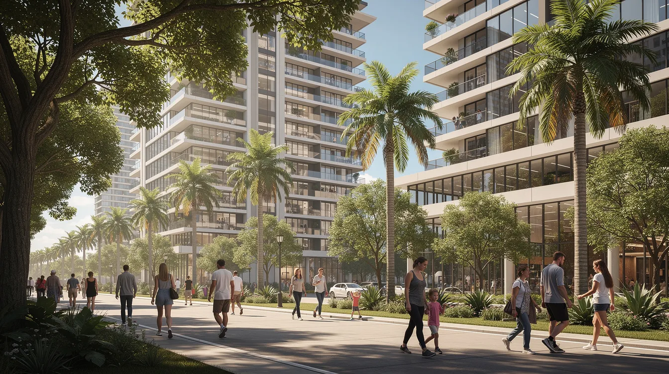 A vibrant scene of people strolling along a shaded pedestrian path, with modern residential towers and palm trees providing a tropical backdrop. This area is part of the Dubai metro network, likely near the blue line route, showcasing the blend of urban living and nature in Dubai.