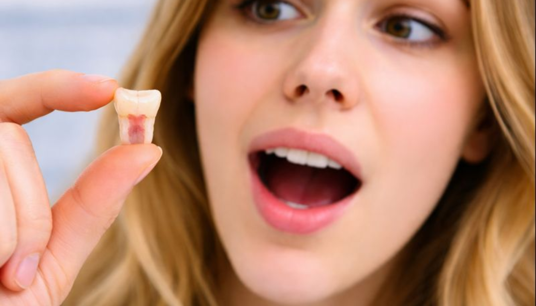 Tapptann: Når En Tann Går Tapt og Hva Du Kan Gjøre Videre 2 Kvinne holder en mistet tann med overrasket uttrykk, synlig mellomrom i smilet og fokus på tannen.