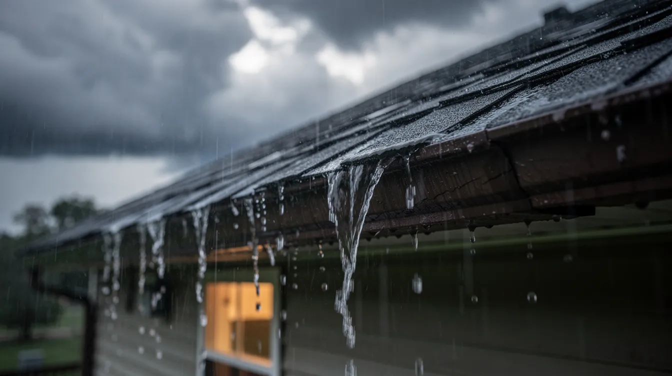 A close-up view captures heavy rain pouring off a residential rooftop during a summer thunderstorm, showcasing the importance of well-installed rain gutters and downspouts to prevent water damage. The image highlights the need for professional gutter cleaning and maintenance to avoid clogs and leaks that can affect the foundation of homes in Pueblo and Southern Colorado.
