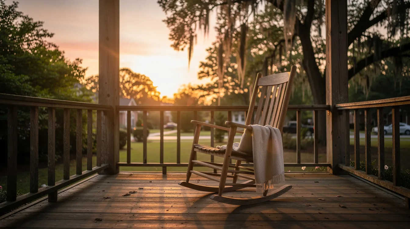 The image depicts a serene wooden porch bathed in the soft Southern light of sunset, surrounded by trees, evoking a sense of peace reminiscent of the fictional town of Maycomb County from Harper Lee's "To Kill a Mockingbird." This tranquil scene reflects the themes of moral courage and societal norms explored through the experiences of characters like Scout Finch and Atticus Finch.