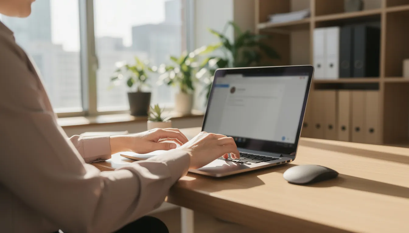 Une personne est assise à un bureau lumineux, en train de taper un e-mail sur un ordinateur portable. L'image évoque un environnement de travail où le service client est au cœur des préoccupations, notamment pour des questions liées à la location de véhicules chez Europcar.