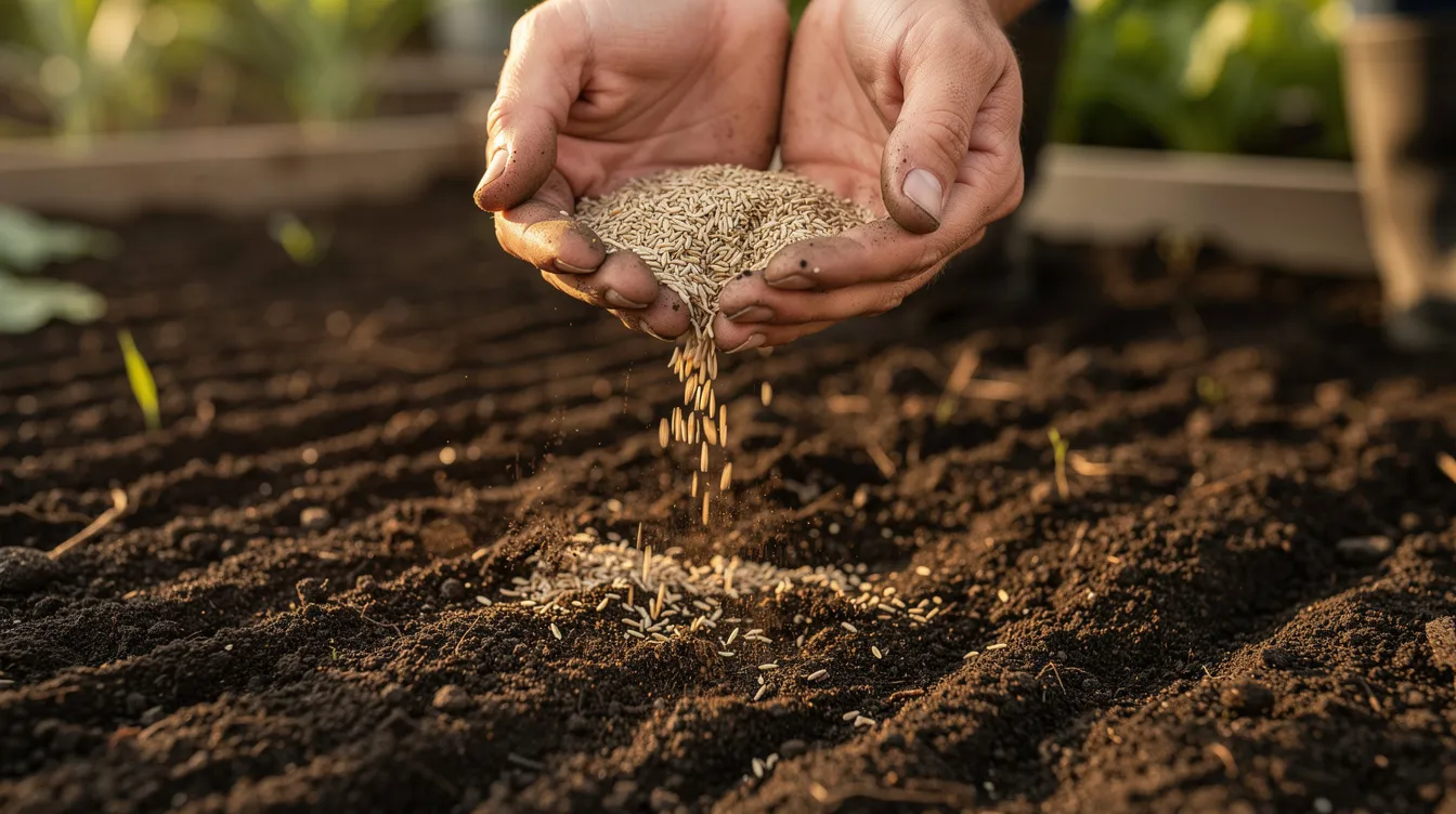 A close-up view shows hands scattering grass seed onto freshly raked dark soil in a garden, preparing for new grass growth. This process is essential for establishing a lush lawn, ensuring even coverage and strong roots for healthy grass development.