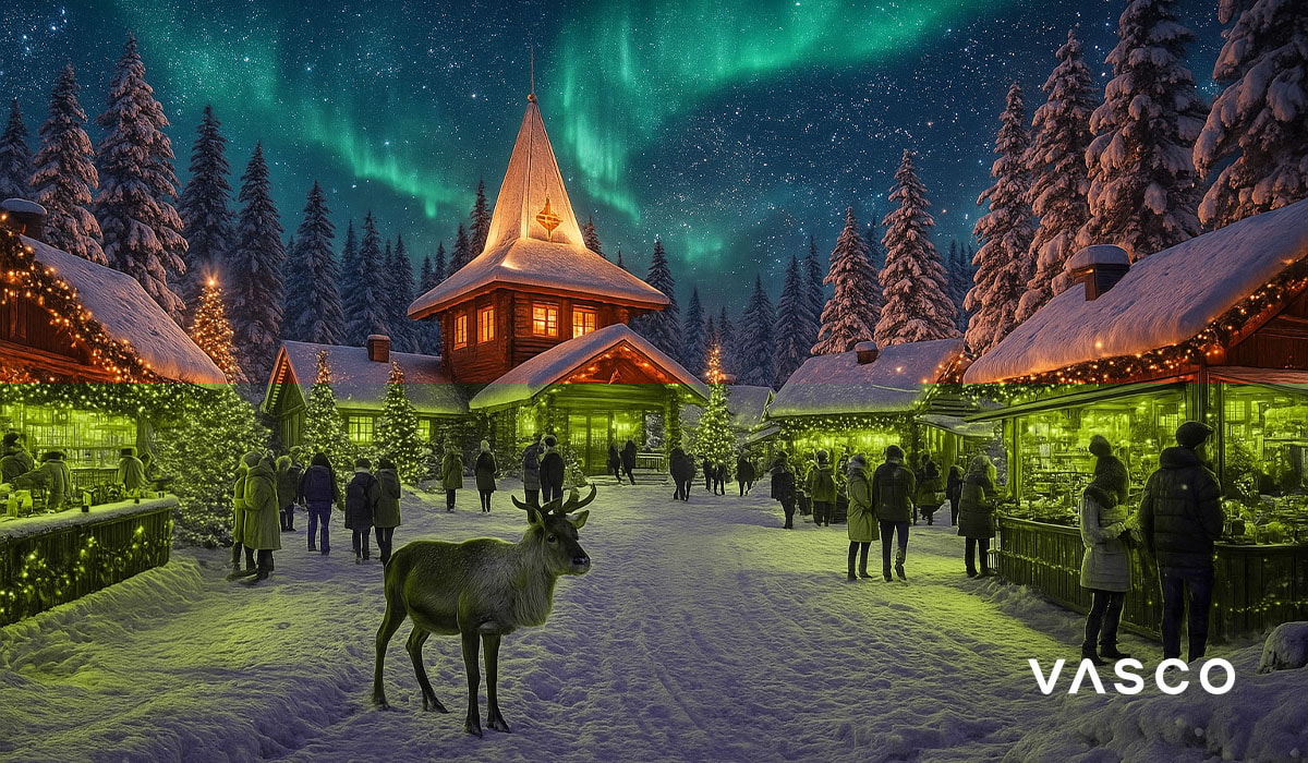 « Marché de Noël finlandais avec des chalets en bois, des rennes et des aurores boréales