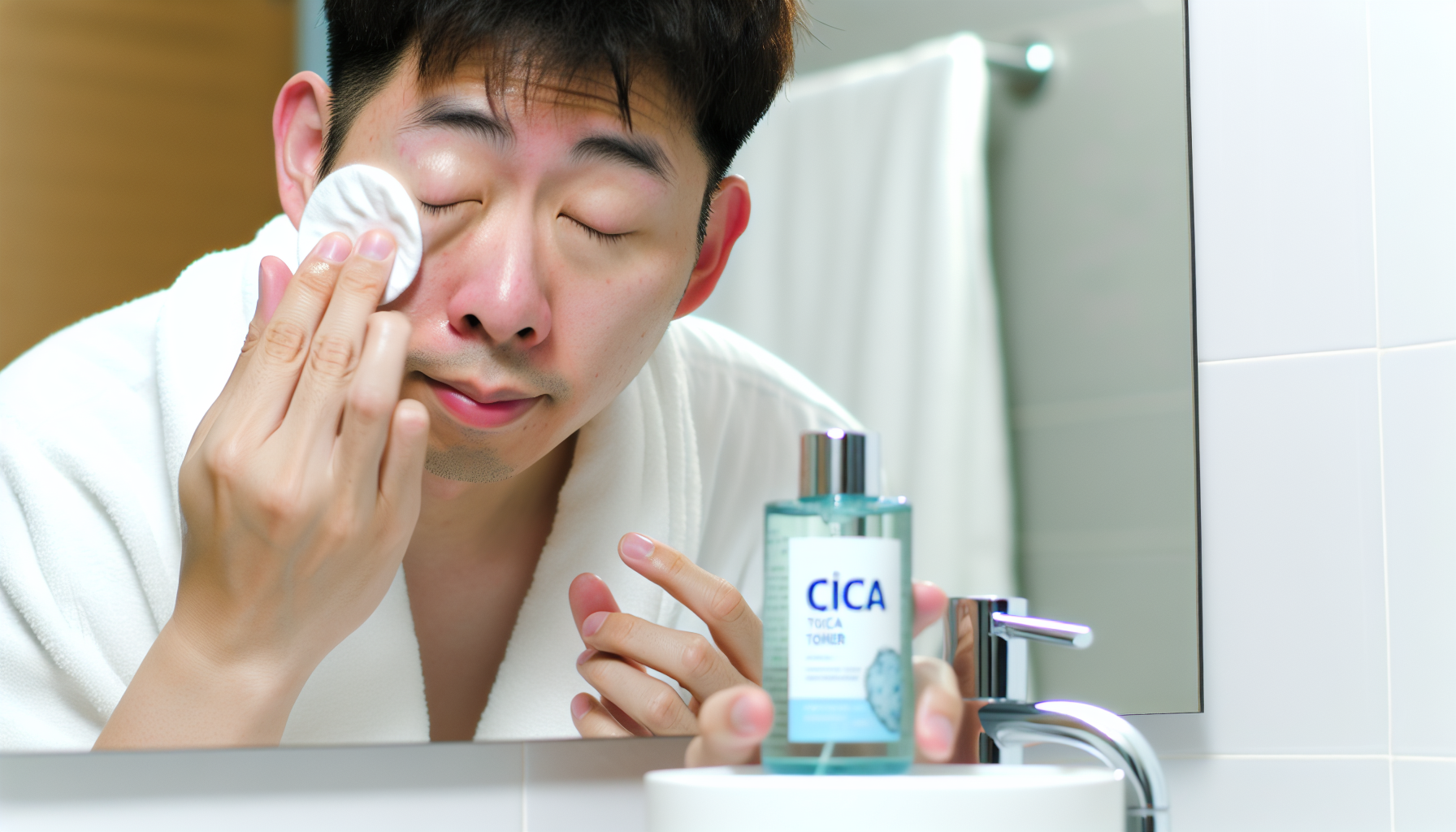 Person applying cica toner with a cotton pad