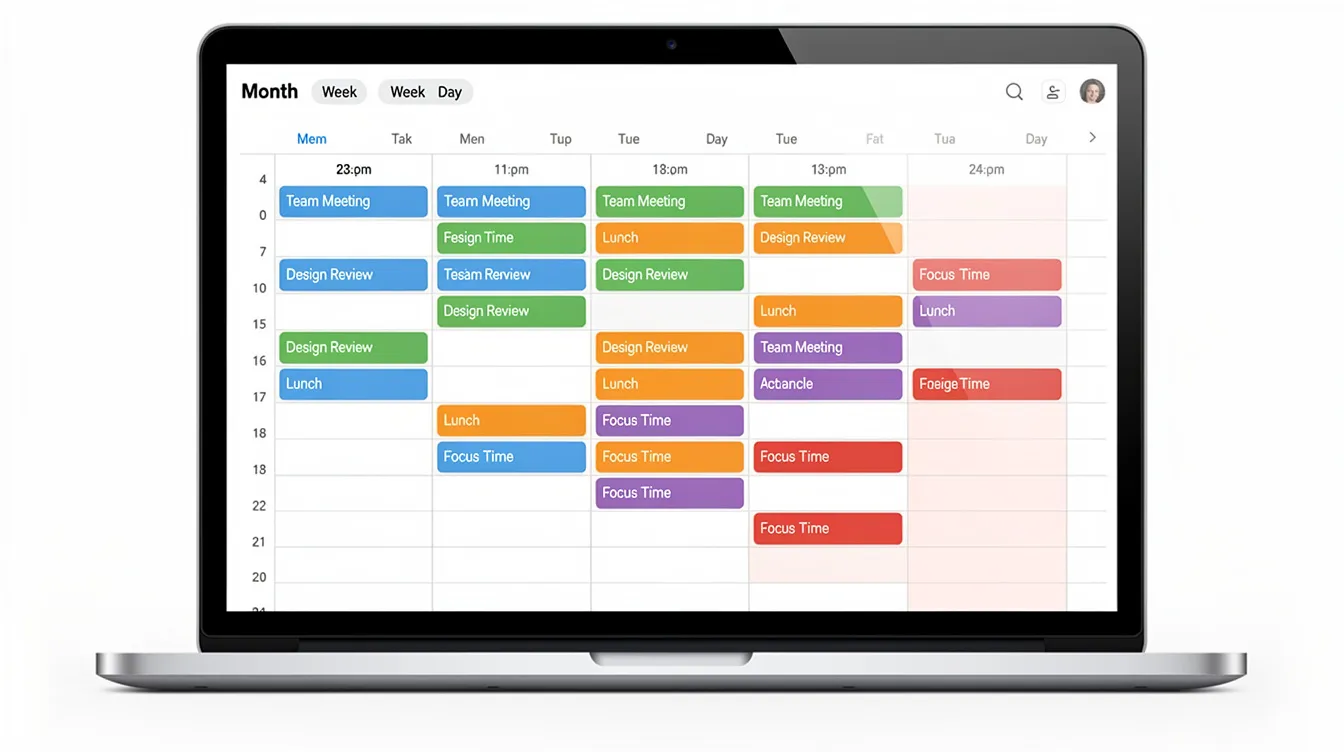 The image depicts a calendar application with color-coded time blocks representing various tasks, showcasing an effective time management tool for organizing urgent and important tasks. This visual representation aids users in prioritizing tasks and tracking time for better work-life balance.