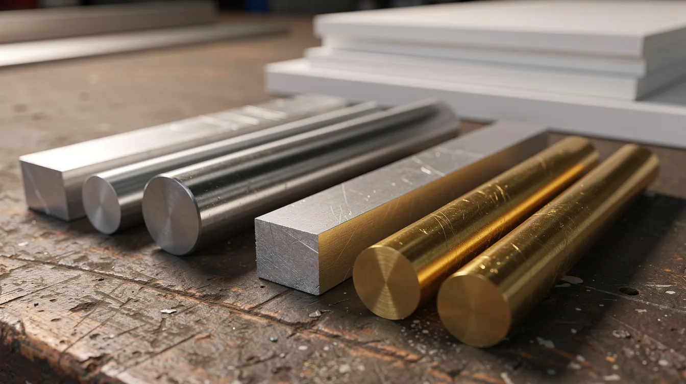 A close-up view of a workshop table displays an assortment of metal blocks and plastic rods, including raw aluminum bars, steel cylinders, brass rods, and white plastic sheets, highlighting the materials used in the CNC machining process for producing custom parts and complex geometries. This arrangement showcases the diverse materials essential for manufacturing processes such as CNC milling and rapid prototyping.