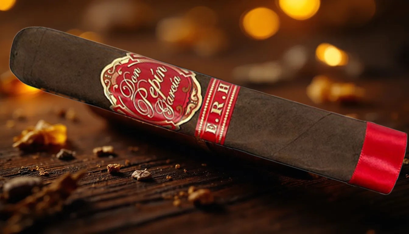 A close-up of a Don Pepin Garcia E.R.H. Toro Gordo cigar ready for smoking.