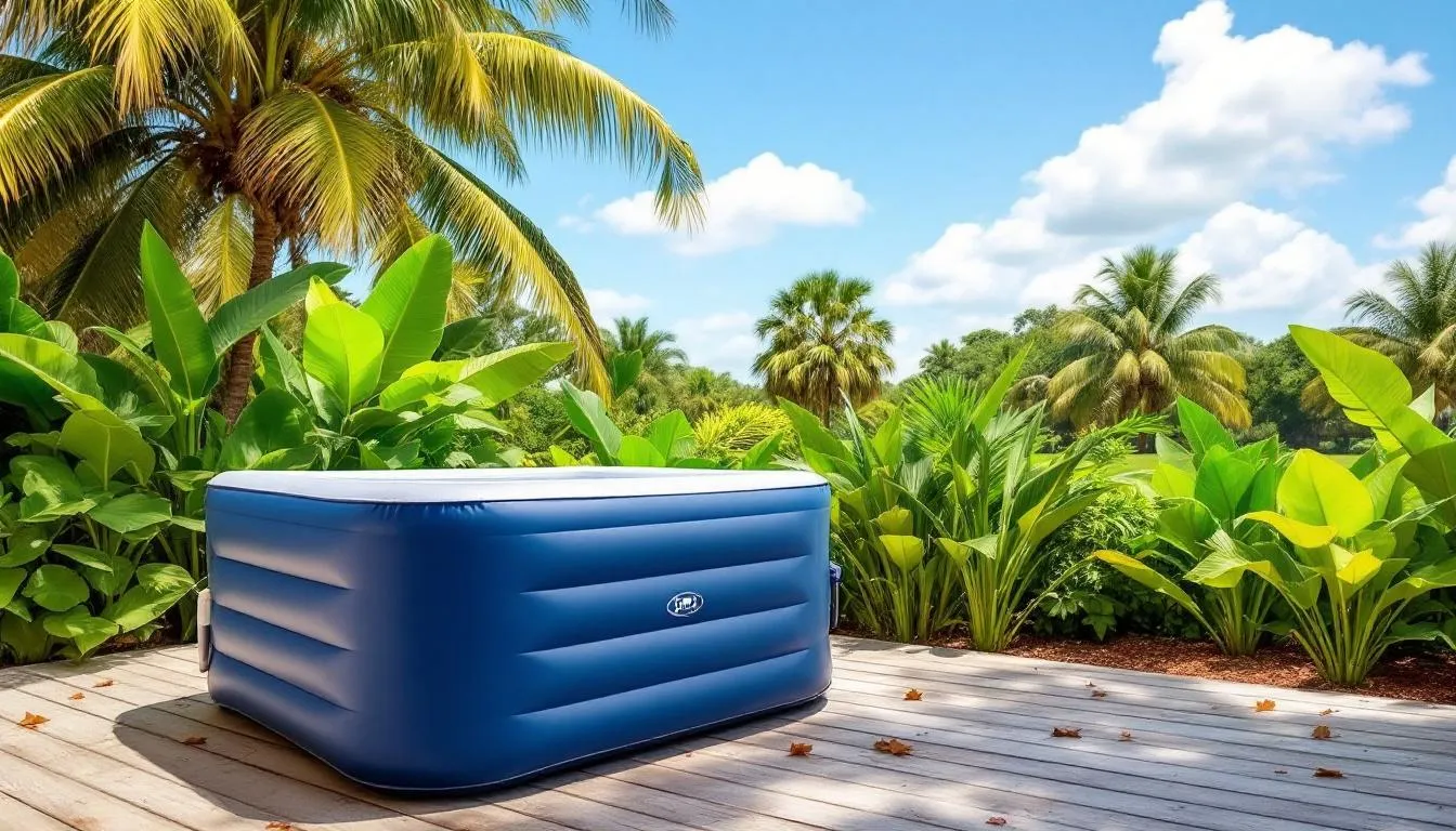 A portable hot tub sits in a sunny Florida backyard, surrounded by lush greenery and a well-maintained patio area, perfect for relaxation. This inviting spa offers a serene escape for pool owners looking to enhance their outdoor space and enjoy clean, warm water.