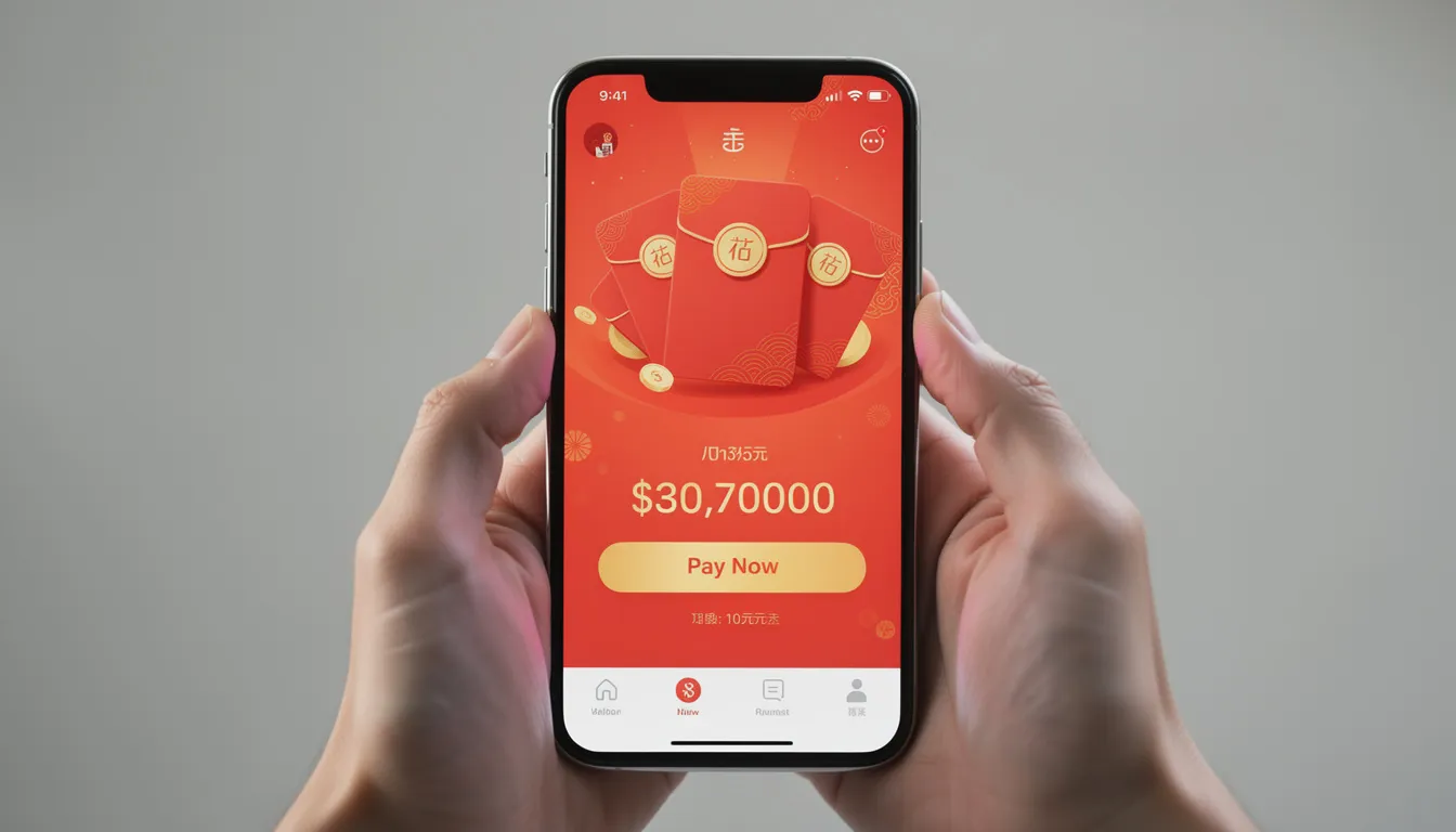 A pair of hands is holding a smartphone that displays a digital payment screen featuring vibrant red envelope graphics, symbolizing the tradition of giving red packets during Chinese New Year. This modern twist on the custom of lucky money reflects the merging of technology and Chinese culture, especially popular among the younger generation during the festive season.