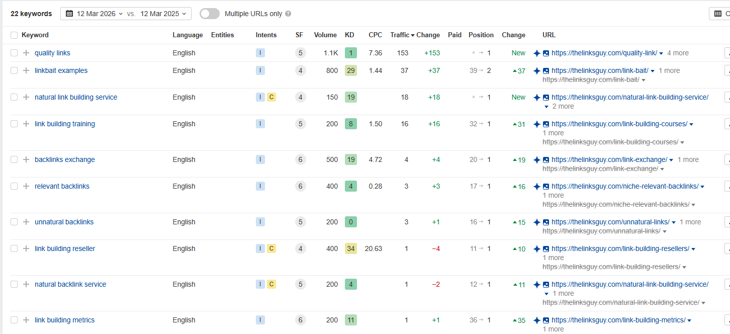 Typical keywords where The Links Guy appears in Google AI Overviews when filtered for the US