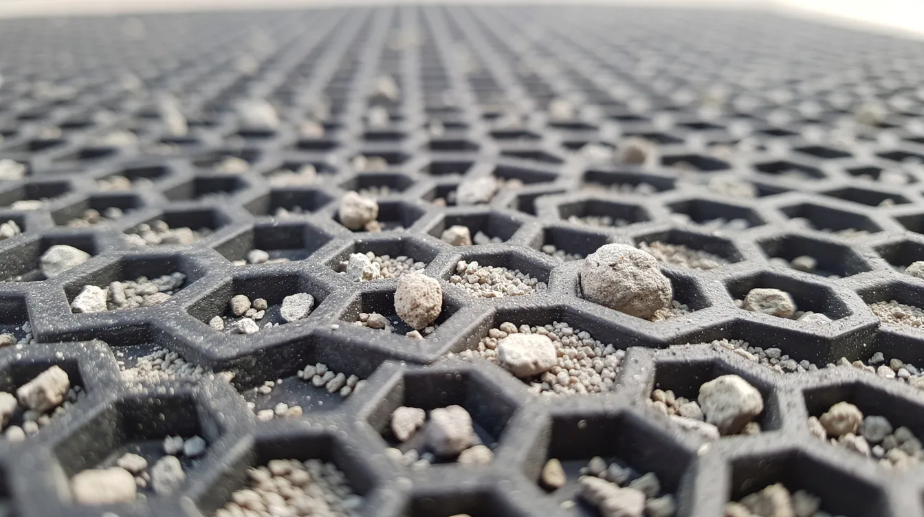 A close-up view of a honeycomb-patterned cat litter mat shows scattered litter granules trapped in its deep grooves, effectively collecting litter scatter from a cat's paws. The textured backing ensures that the mat securely stays in place, making it an essential accessory for cat owners to protect their floors from messes.
