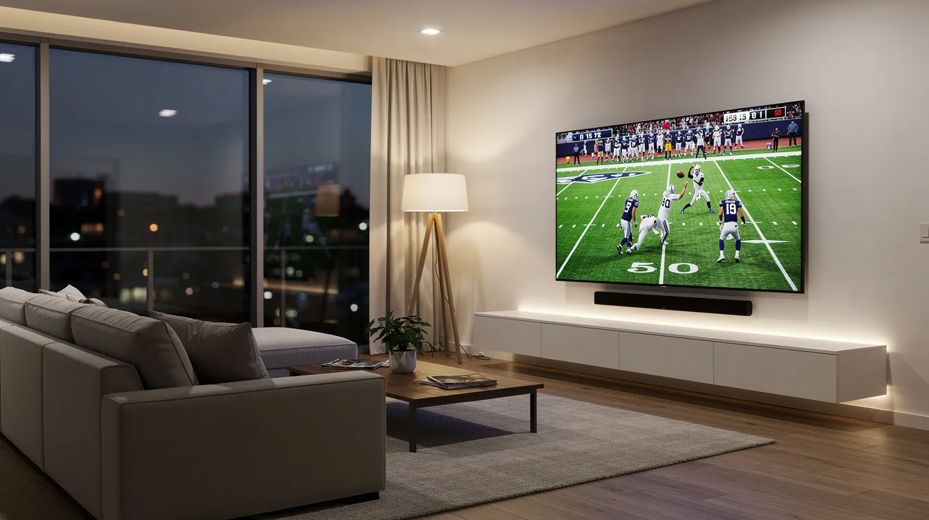 A modern living room features a large flat screen TV that showcases a live American football game, making it ideal for sports fans. The setup highlights the benefits of IPTV services, providing high-quality streaming and access to live TV channels.