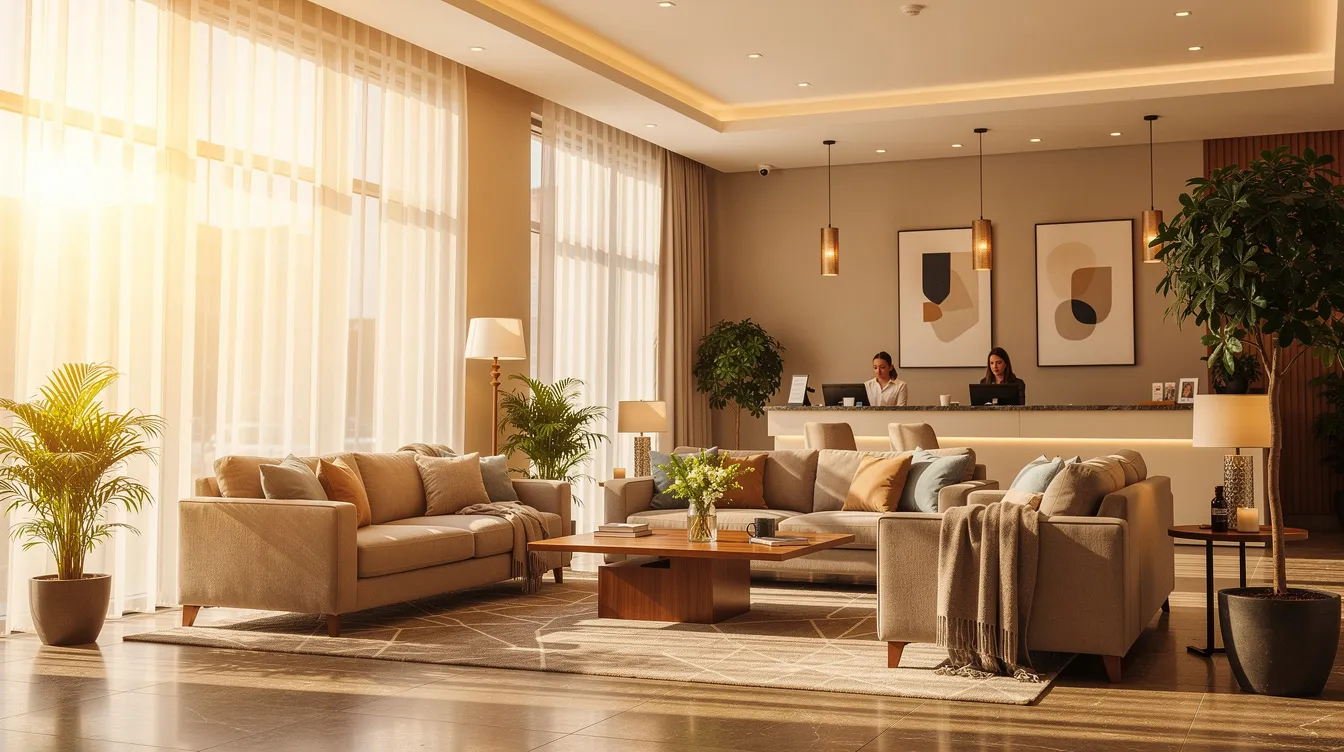 The image depicts a welcoming hotel lobby featuring comfortable seating arrangements bathed in natural light, creating an inviting atmosphere for attendees of corporate events and community gatherings. This space serves as a quiet area for conversations before events begin, accommodating speakers and guests alike.