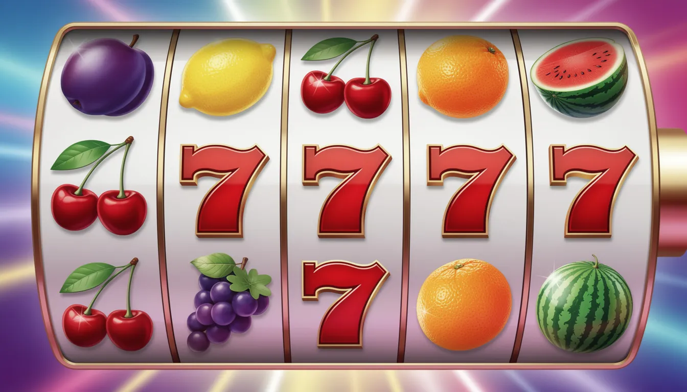En klassisk spelautomatsymbol visar frukter och sjuor mot en färgglad bakgrund, vilket skapar en livlig och inbjudande atmosfär. Denna typ av symbolik är typisk för gamomat slots och ger en känsla av nostalgi för spelare.