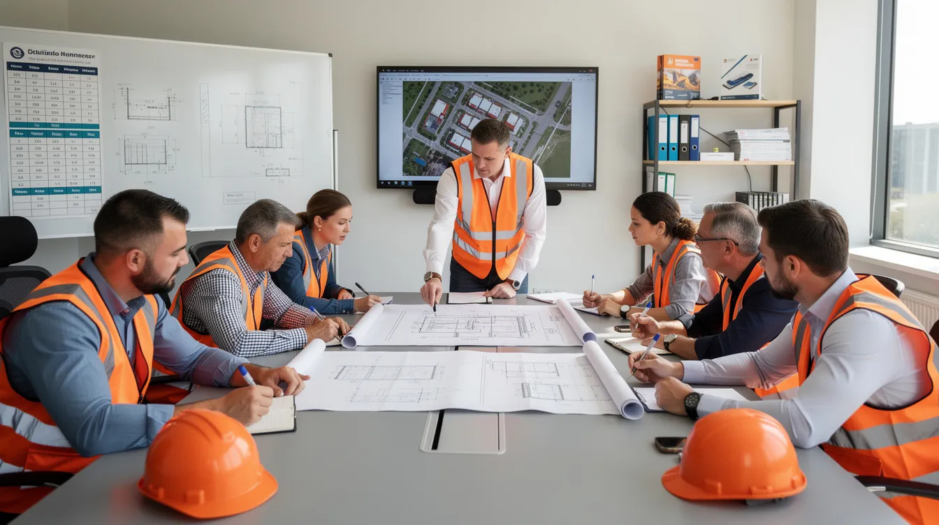 A diverse group of construction professionals is gathered in a training classroom, collaboratively reviewing documents related to California's prevailing wage laws and compliance requirements. They are focused on understanding wage determination, certified payroll records, and promoting fair competition in the construction industry.