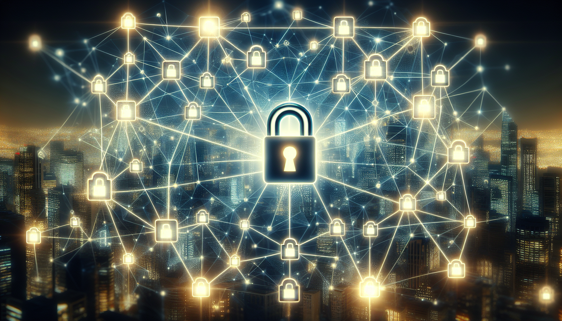 Blockchain network with secured padlock, symbolizing transparency and security